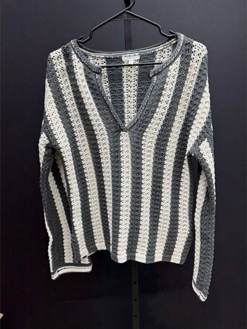 Maurices V-Neck Striped Crochet Cotton Long Sleeve